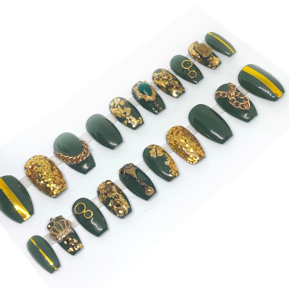 Handmade Press on Nails UV Gel Medium Short Coffin Green & Gold Shiny Fu… - Picture 7 of 8